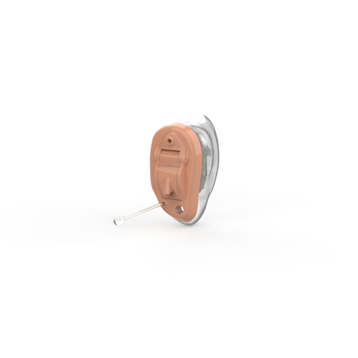 Diskretes Im-Ohr-Hörgerät (CIC) in beige, kaum sichtbar im Gehörgang